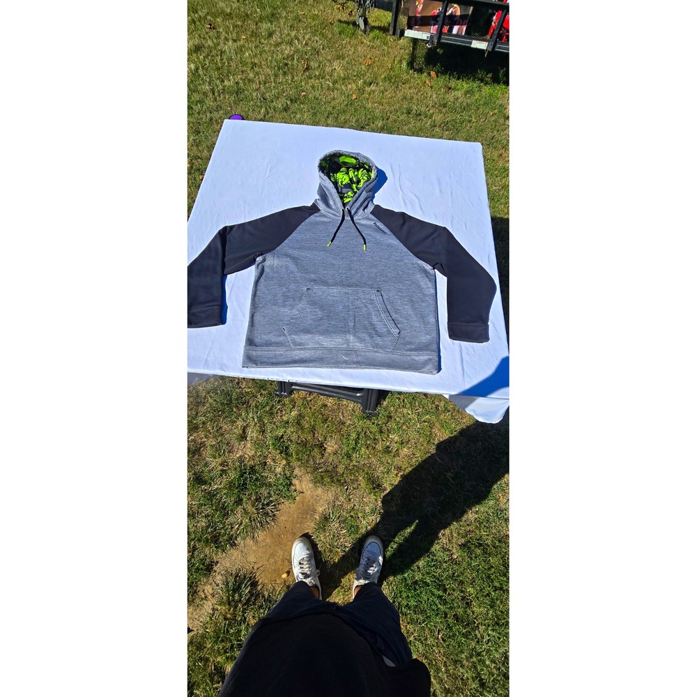 Russell Men's Pullover Hoodie XL Gray/Black Camo Hood Logo Drawstring Pockets